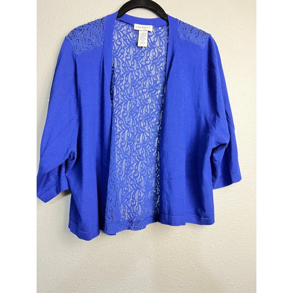 Catherines Womens 2X Royal Blue Lace Back Open Front‎ Cardigan 3/4 Sleeve Knit
